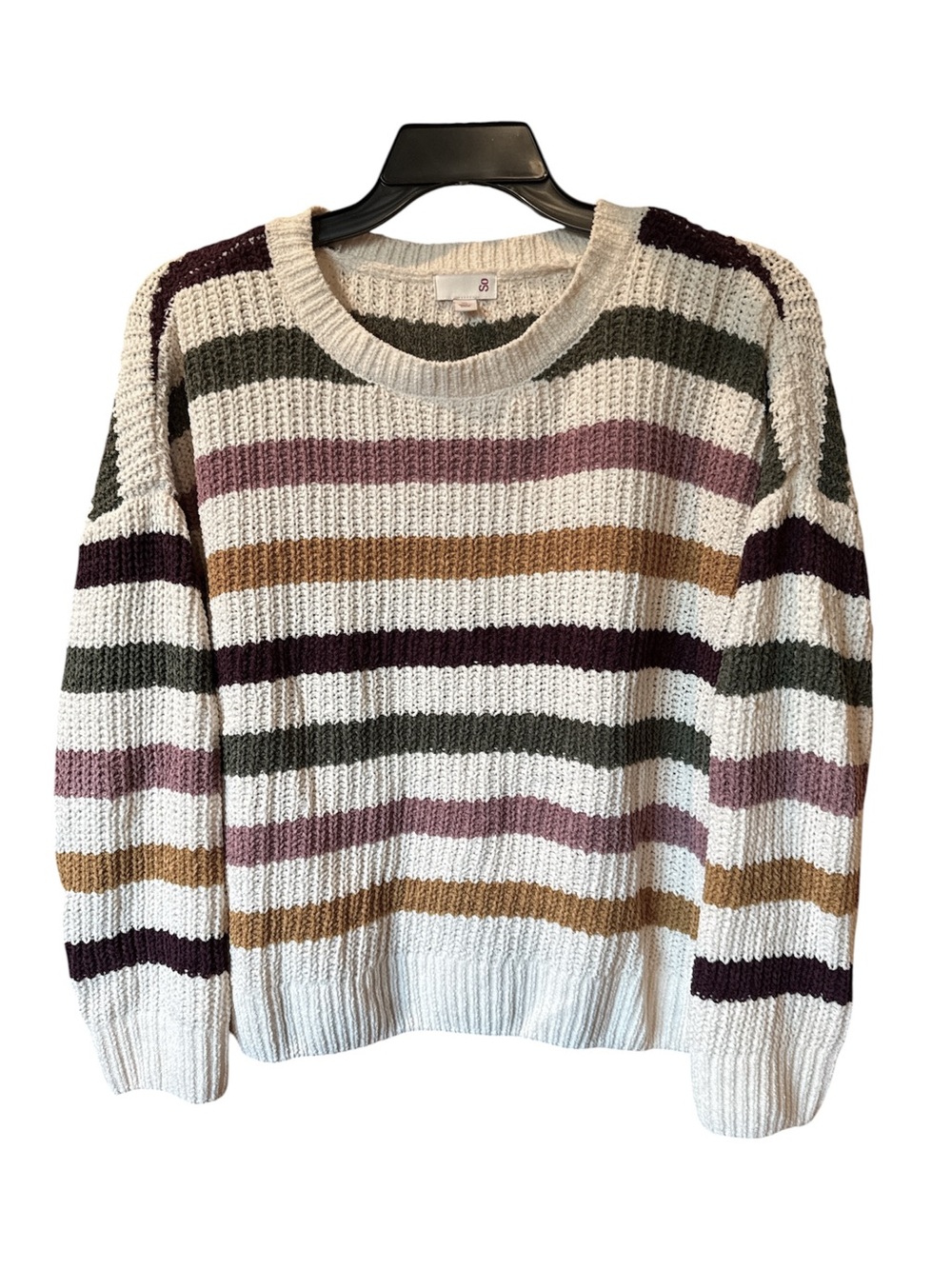 SO Striped Chunky Knit Sweater Women’s XL Cream Olive Mauve Burgundy
